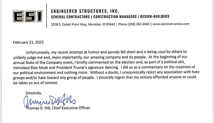 ESI letterhead and a letter that reads a bunch of bullshit about how the Nazi salute was a joke and he's being unfairly judged. But he is admitting that it's him in the video.