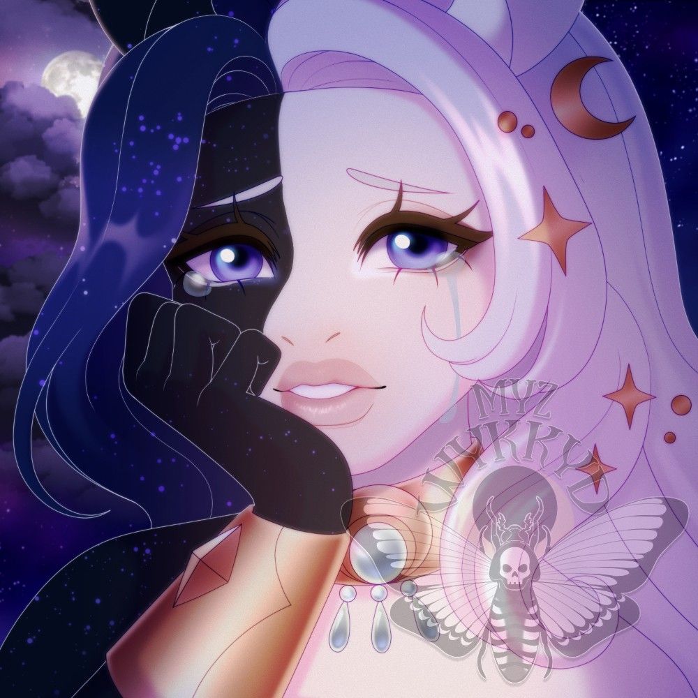 A sad, but beautiful anthro unicorn on a moonlit background.