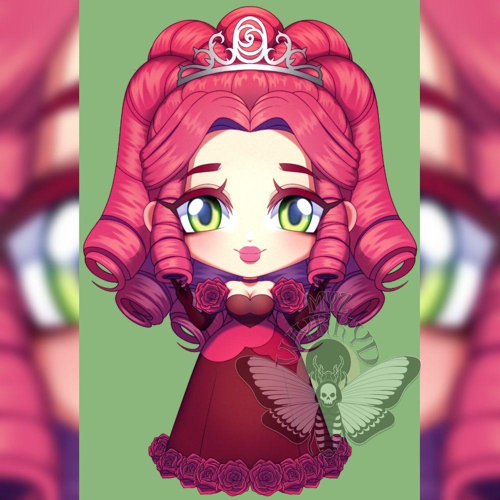 A chibi of a princess with lots of roses on her dress and crown.