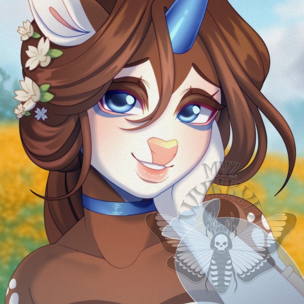 A pretty, anthro deer standing in a a field of flowers.