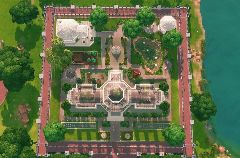 Sims build of a botanical garden, overhead bird-eye view 
