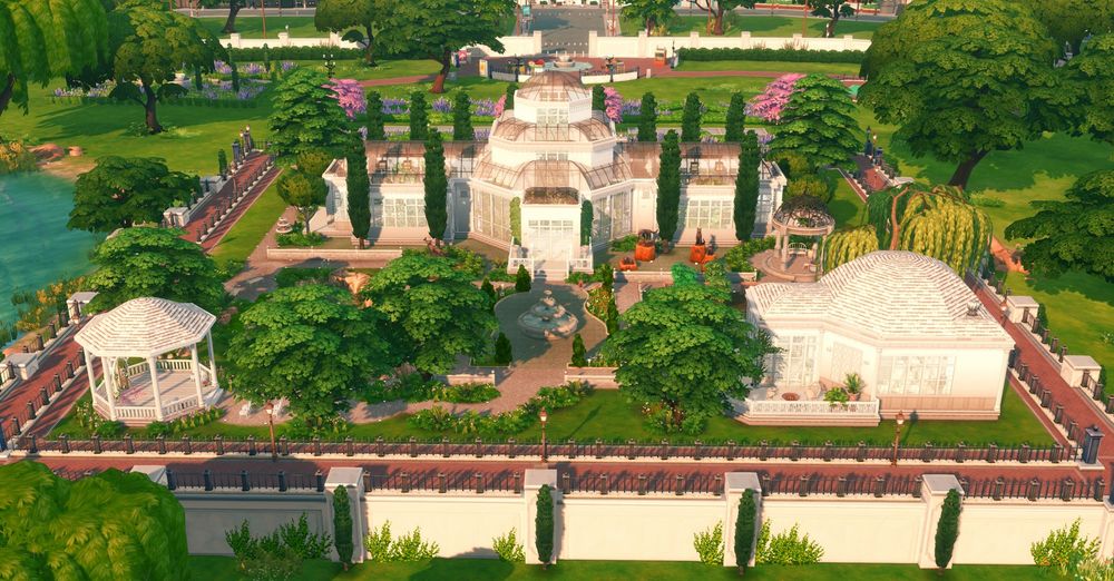 Sims build of a botanical garden, view from the back featuring a flower garden, gazebo for intimate weddings and statue gardens