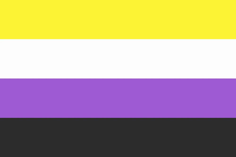 Yellow, white, purple and black non-binary flag.
The agender circle is missing because I was too lazy to edit it in.