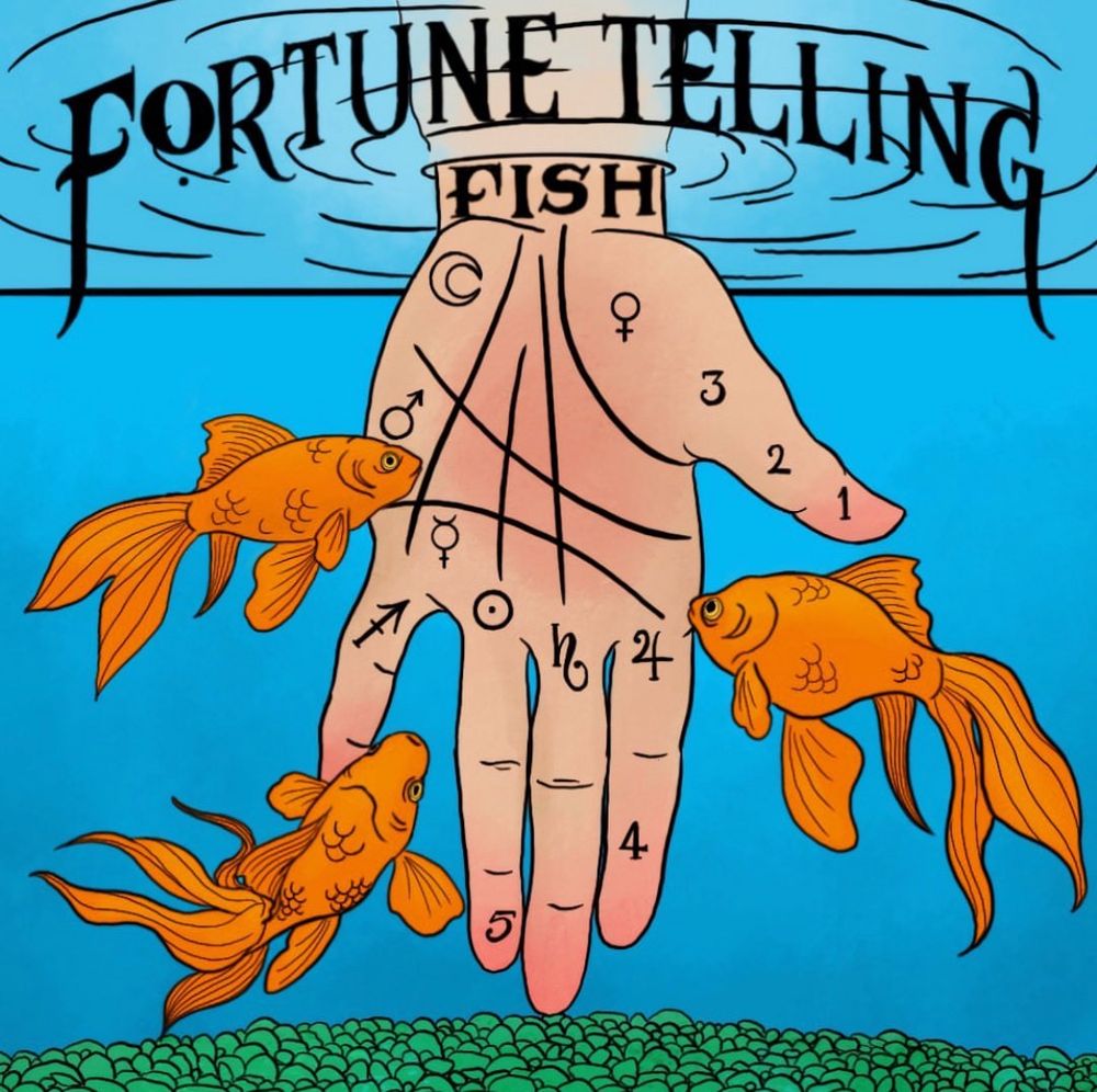 Hand in a fish tank with palm reading symbols on the palm. Three goldfish are swimming around the palm inspecting it. 