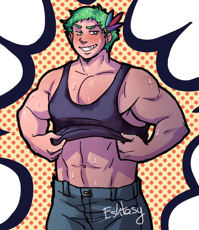 A sweaty, muscular green haired man pulling his sleeveless shirt up or down while smirking.