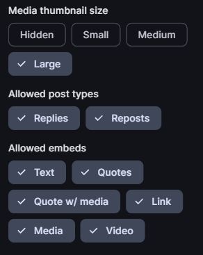 A snip of a screenshot showing the various allowed post types and embed options in deck.blue