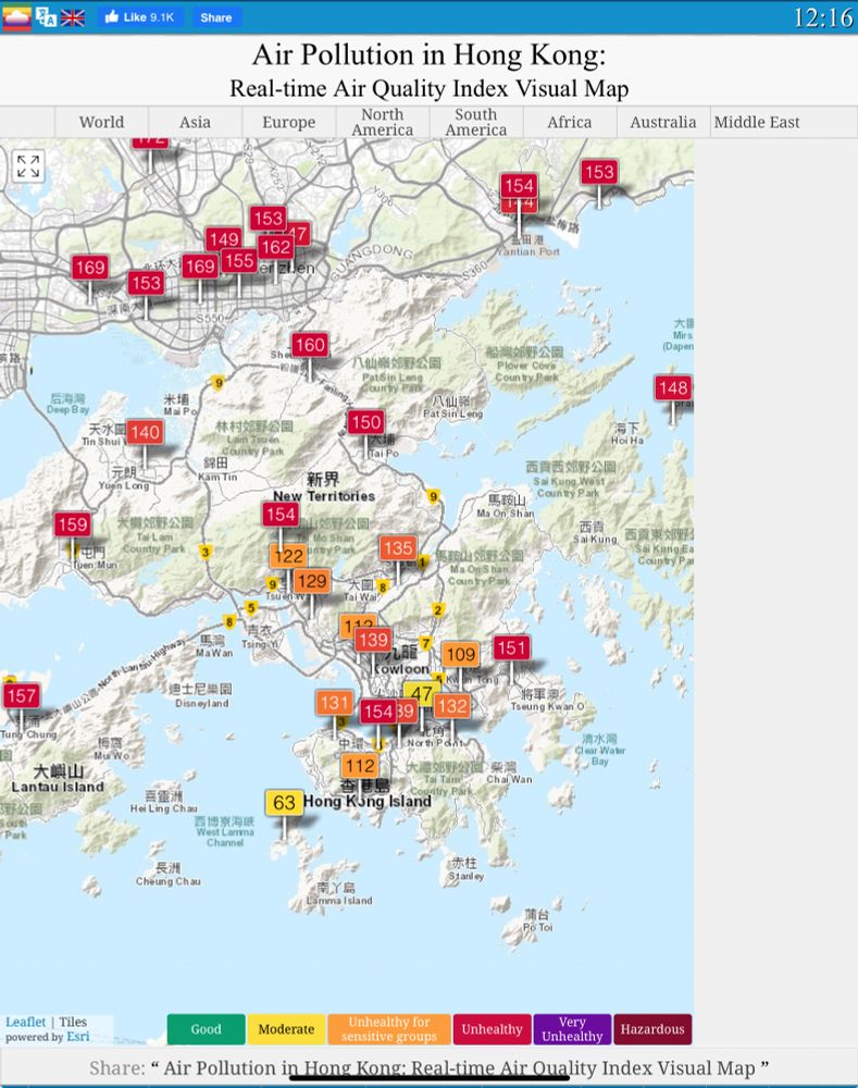 Map of air quality index readings for Hong Kong