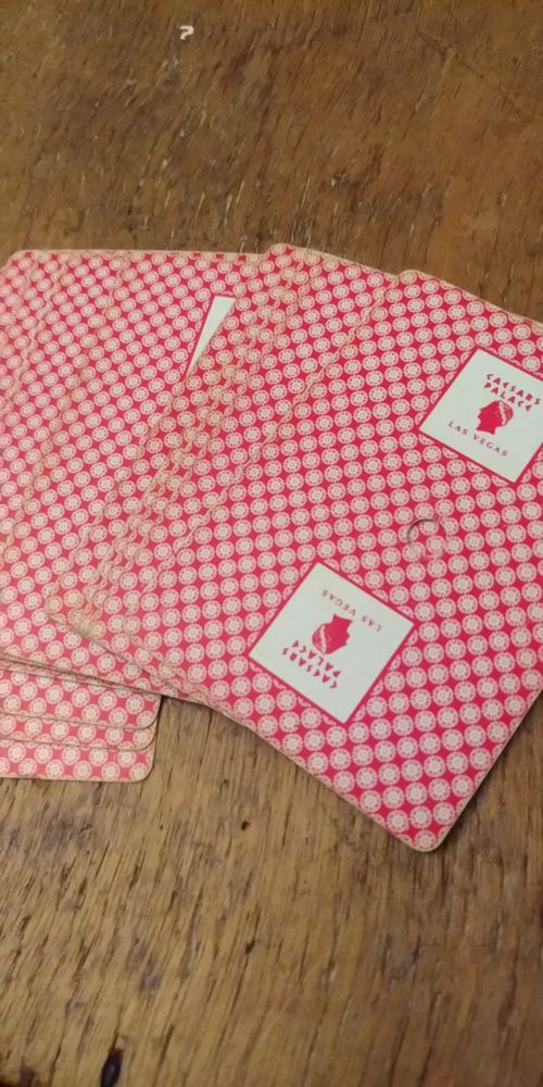 Back of playing cards of playing catds. Red back with home people middle.