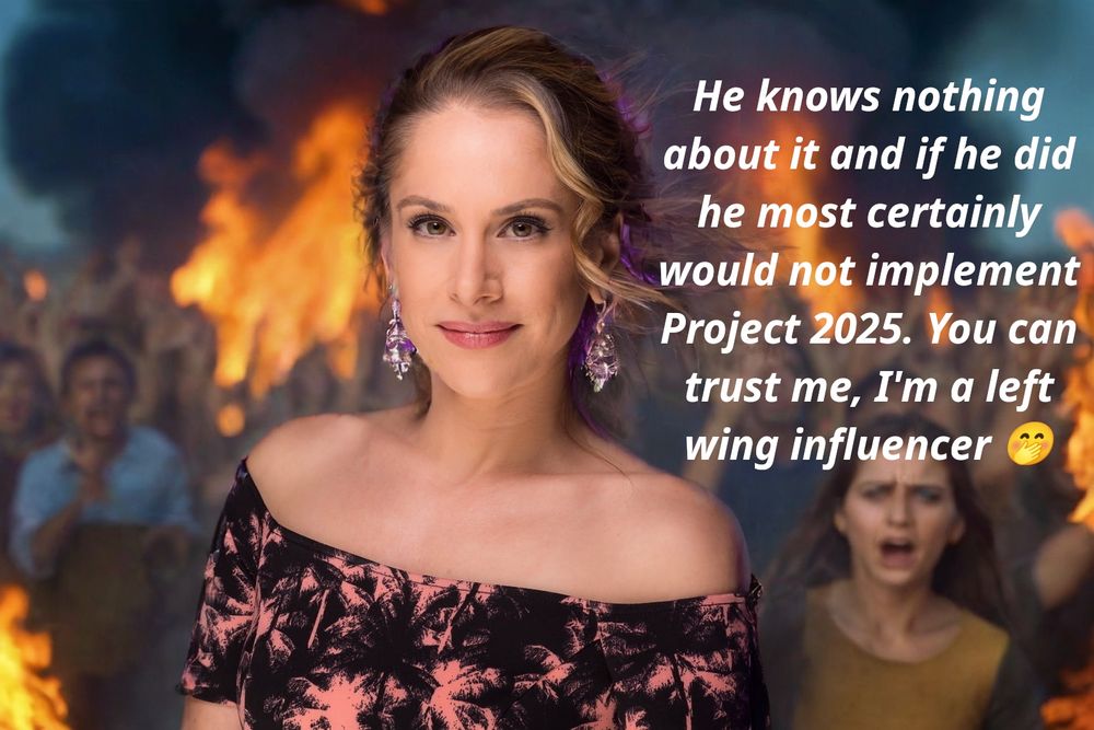 Ana Kasparian in front of a burning city with panicked people behind extolling the virtues of DJT