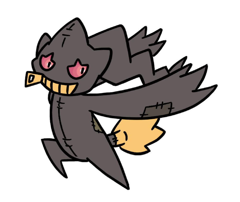 A drawing of the Pokémon Banette, a ghost-type that looks like a discarded plush doll, running with its arms dangling behind it. I have drawn its arms quite a bit thicker and longer than usual, and with a couple of stitched-on patches with colours that do not match the original colour.
