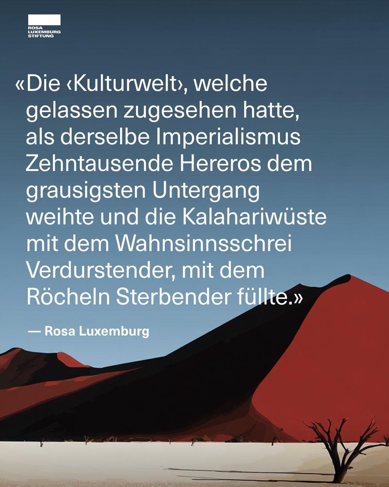 Sharepic mit dem Zitat: "Die 'Kulturwelt', welche gelassen zugesehen hatte, als derselbe Imperialismus Zehntausende Hereros dem grausigsten Untergang weihte und die Kalahariwüste mit dem Wahnsinnsschrei Verdurstender, mit dem Röcheln Sterbender füllte." — Rosa Luxemburg