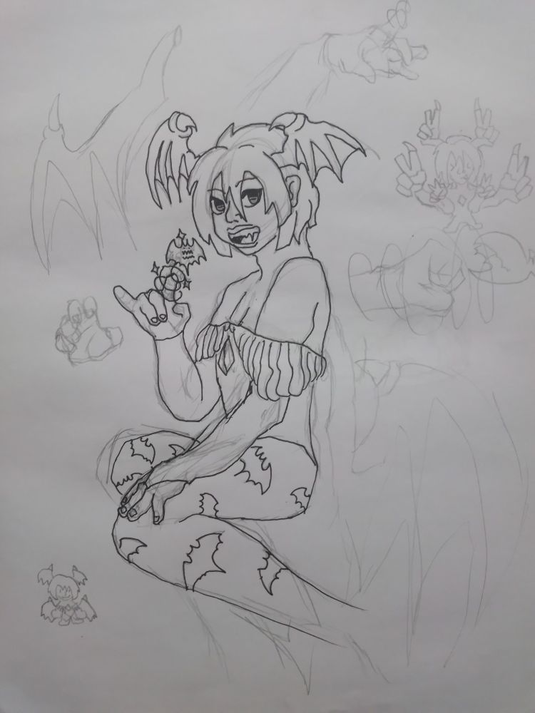 picture of a traditional drawing of the character Lilith from the game Darkstalkers, she is sitting down, facing 3/4 to the left, her right hand is on her thigh and her right hand is pointing at the camera with the index finger while her pinky is lifted, around her there are various doodles of her hands, wings, and small versions of her