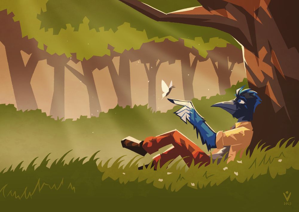 Drawing of an anthropomorphic magpie, sitting under a big tree, in the middle of a forest. The light shines through the treetops, highlighting tiny specks of dust in the air. A white butterly took interest in the magpie's index finger, and is about to land on it.