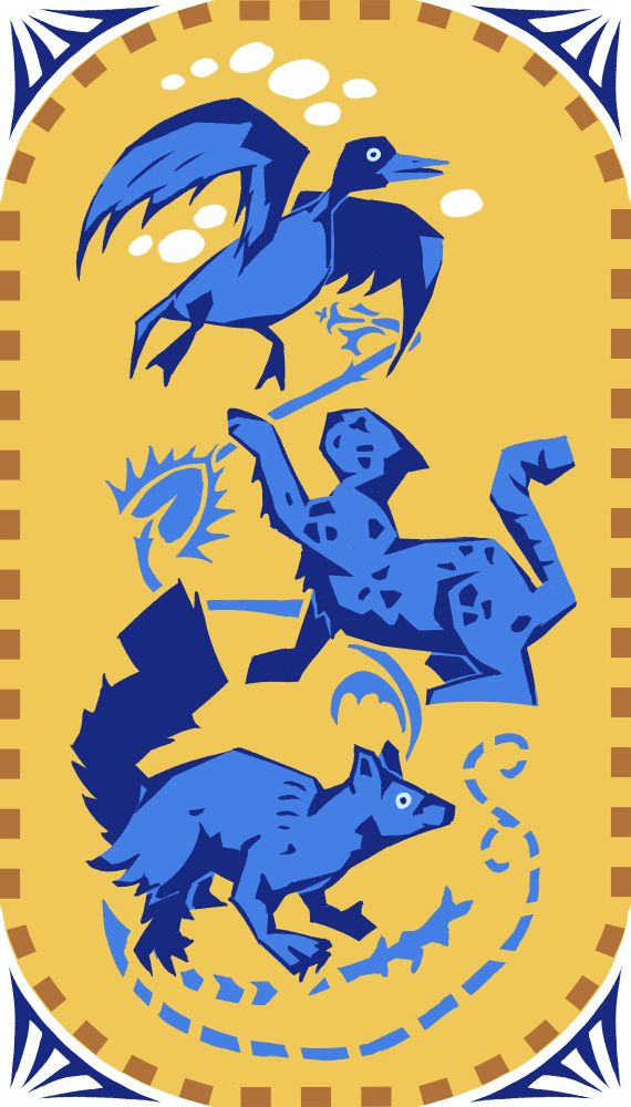 Art piece inspired by three ceramic tiles, depicting a duck, a leopard and a squirrel, all done in shades of blue, over a yellow background