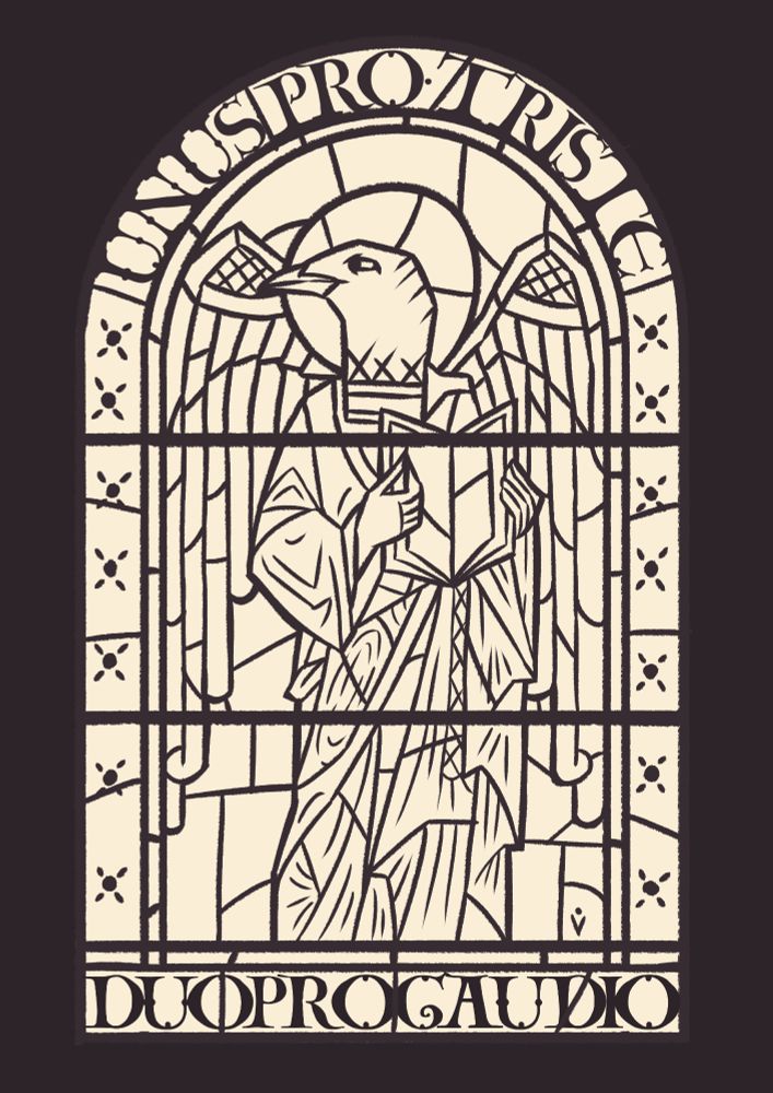 WIP illustration of a romanesque style stained glass window, protraying an anthro magpie.