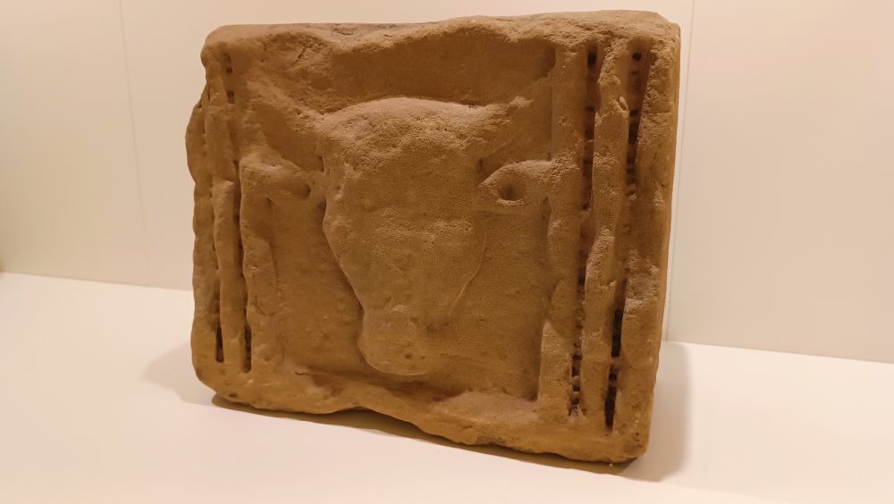 Roman frieze panel featuring a bull's head. Sandstone. 1st - 2nd century a.c.e.