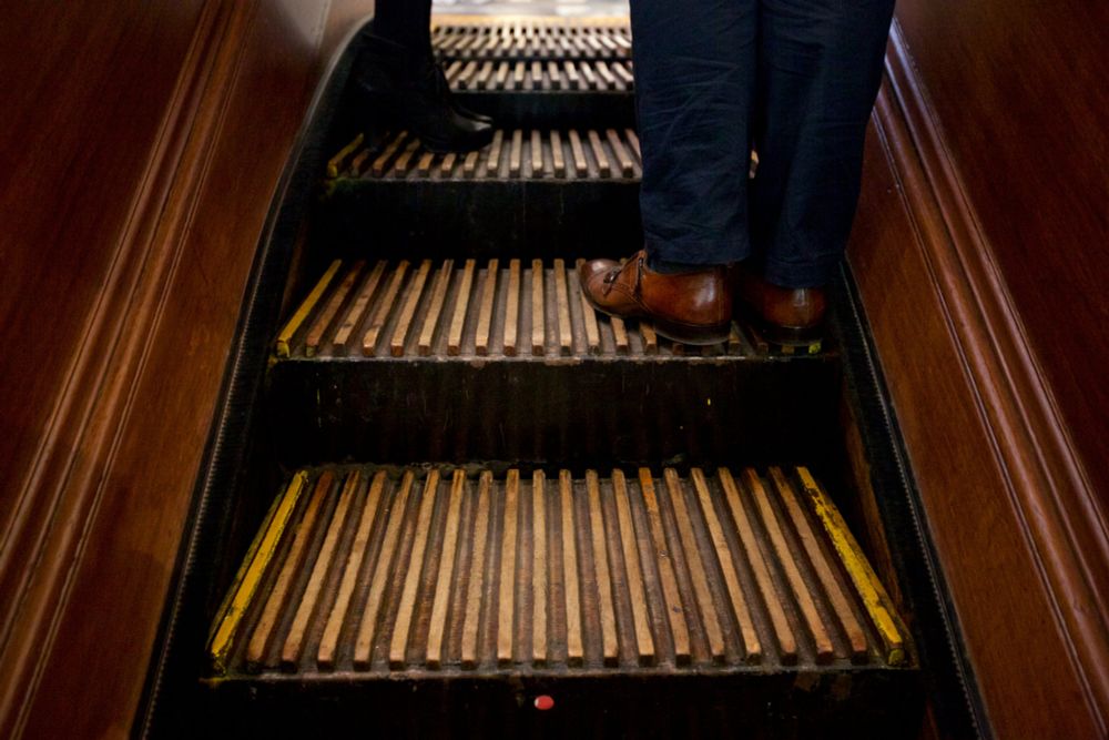 Detail of the steps on one of the wooden escalators at NYC Macy's