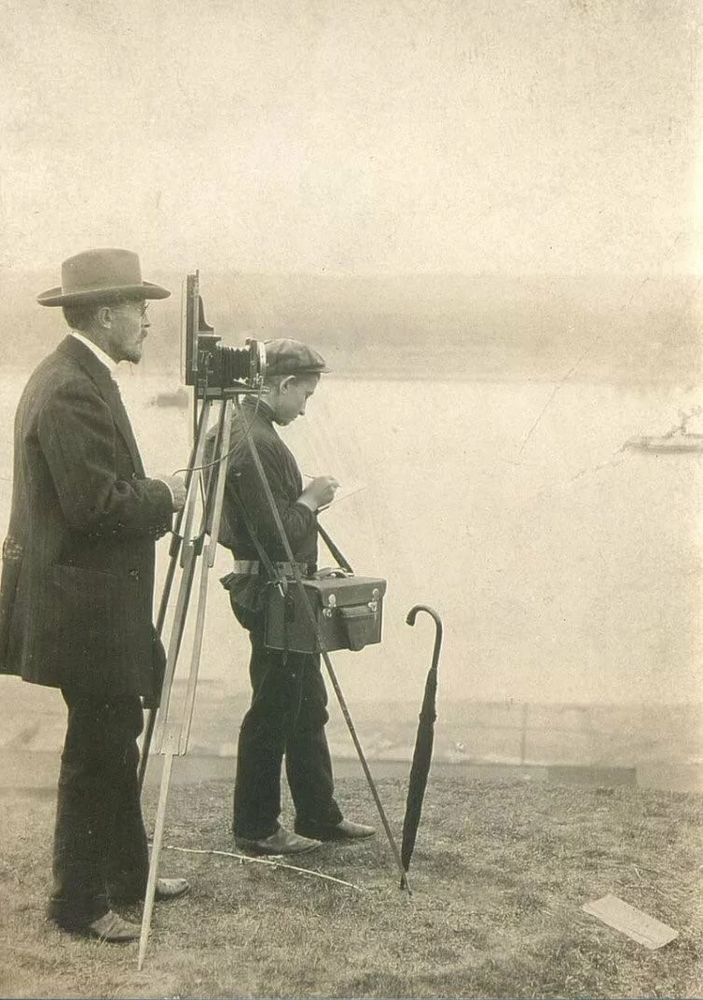 Prokudin-Gorsky with his colour camera and an assistant. circa 1905-15.