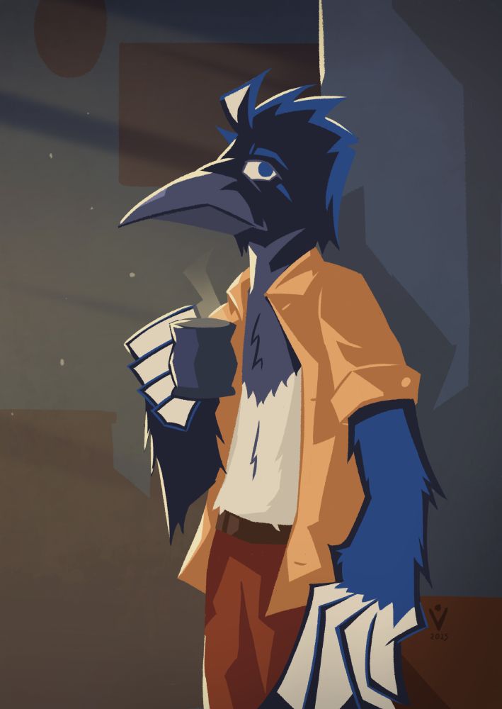 Drawing of an anthro magpie leaning against a wall, he holding a mug with a steaming beverage. The room is dark, illuminated by the morning sun. He wears an unbuttoned shirt.