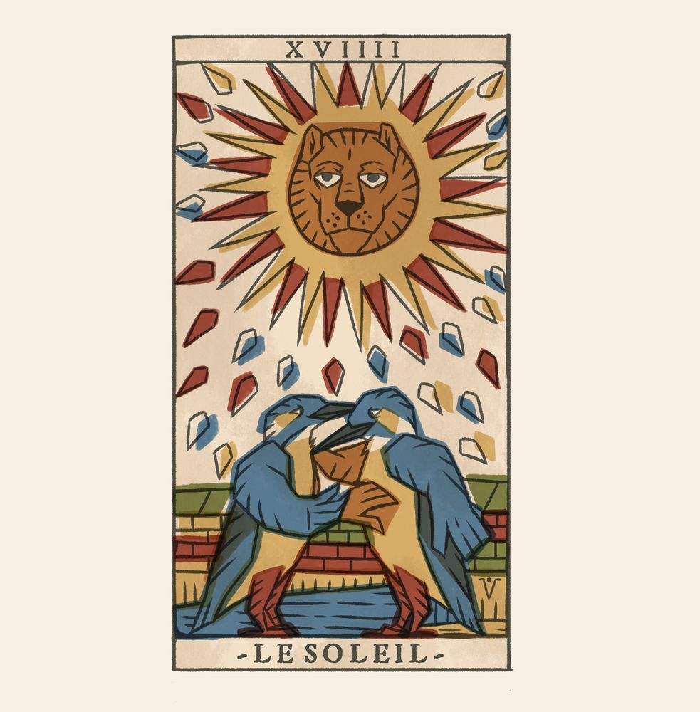 The Sun (Le Soleil). Two kingfishers are under a lion faced sun. Drops of light fly from the sun in all directions.