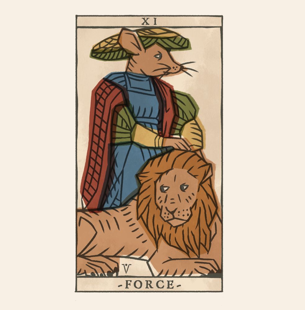 Strength (Force). An anthro mouse is quietly resting besides a lion. Both seem peaceful, but alert.