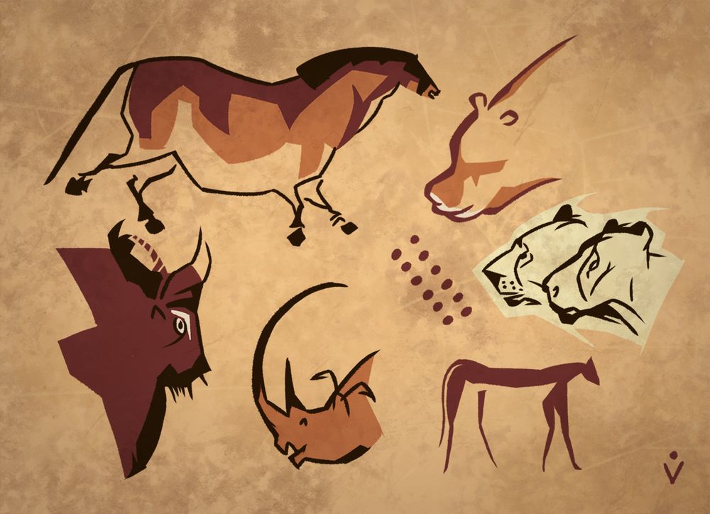 A group of sketches inspired by different famous cave paintings. It includes a Laxcaux Cave horse, an Altamira Cave bison; a bear, rhyno and lions from Chauvet Cave, and a red animal from the Cave of Swimmers.
