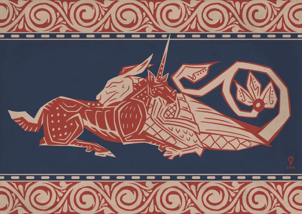 Illustration made on a medieval style of a red unicorn lying besides a white dragon.
