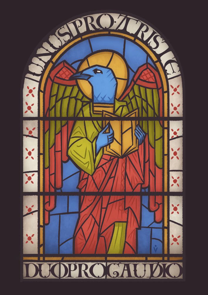 An illustration, in the style of a romanesque stained glass window. On it, the figure of an anthro bird, possibly a magpie, look to a side, while holding a book, dignified as a saint. They are surrounded by latin text saying 