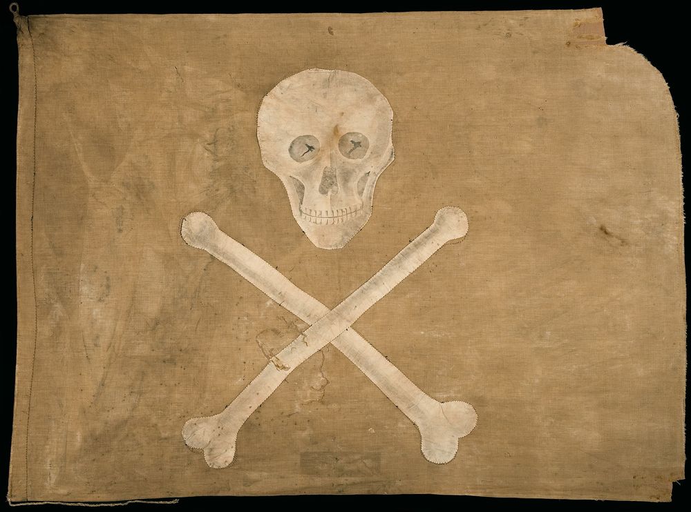 19th-century Barbary Corsairs flag, displayed in the Åland Maritime Museum in Finland. It is one of the two authentic Jolly Roger flags that have been found so far.