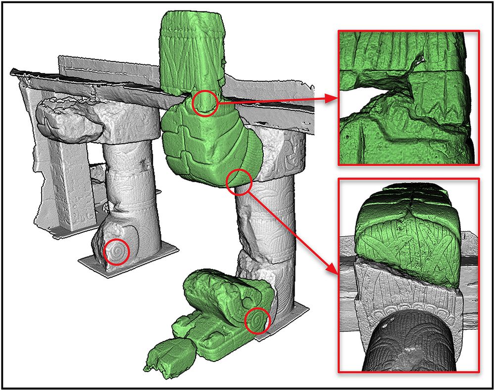 Scattered fragments (green) digitally reconstructed on unmodified columns (white)
(Figure by authors).