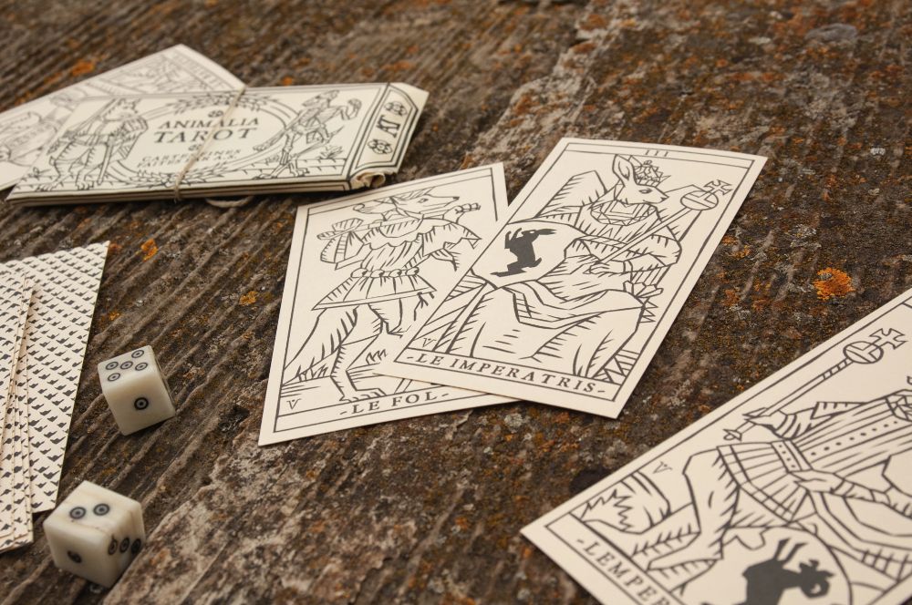 Photo of the Animalia Tarot, a tarot deck featuring the Major Arcana inspired by the Tarot of Marseilles (Lineart variant)