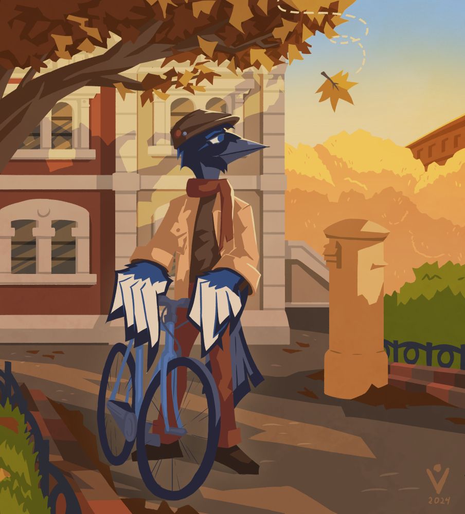 An anthropomorphic magpie dressed for autumn, holding a bike.