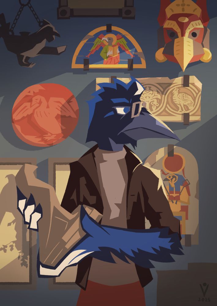 Anthropomorphic magpie wearing a turtleneck, square glasses and a jacket, holding a statuette of Horus, in the form of a falcon. He is inside a dimly lit room, a number of ancient bird-related artifacts decorate the wall behind him.