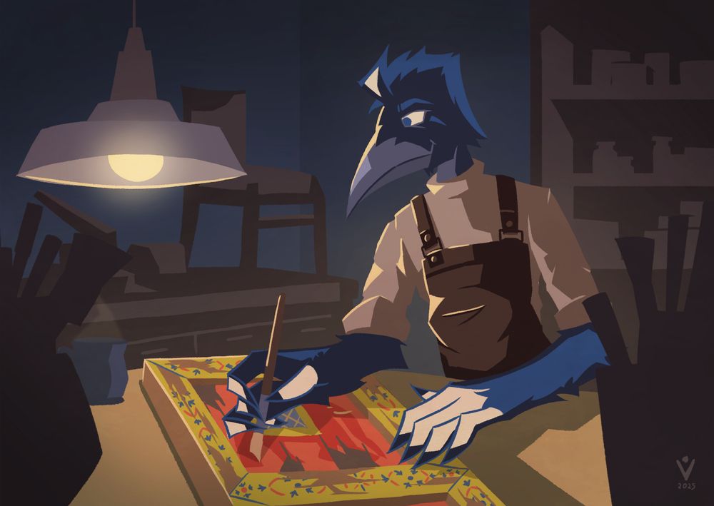 Drawing of an anthro magpie wearing a leather apron in a dark workshop. He is working on some kind of old wooden panel, with indian inspired polychromy, featuring an elephant.