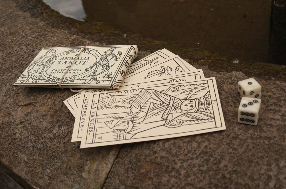 Photo of the Animalia Tarot, a tarot deck featuring the Major Arcana inspired by the Tarot of Marseilles (lineart variant)