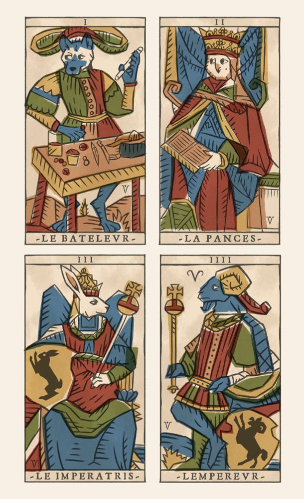 First four cards of the tarot's Major Arcana, inspired by the Tarot of Marseilles.

Number one is The Juggler or Magician (Le Bateleur), it shows an anthro hyena in front of a table with items related to the suits of the Minor Arcana (cups, coins and knives replacing swords). He is holding a wand, as a symbol of the fourth suit, the club. His hat can be though as a representation of the infinity symbol.

Number two represents The Popess or High Priestess (La Pances). She is an anthro barn owl, wearing a papal crown and dress in red and blue gowns. She is holding an open book.

The third card is The Empress (Le Imperatris). She is an anthro rabbit, wearing a royal crown and clothes, as well as an scepter and a shield displaying a heraldry rabbit.

The fourth and final card is The Emperor (Le Empereur). He is an anthro ram, imagery reinforced by the Aries symbol and the heraldry ram in a shield besides him. He is wearing royal clothes, as well as an scepter. His horns are golden yellow in representation of his crown.