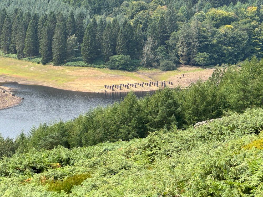 Unexplained feature that is normally hidden beneath the waters of Ladybower reservoir. Consists of a series of what appear to be concrete blocks in rows, forming a grid-like pattern. The blocks resemble trig points and are perhaps 6-8 feet high