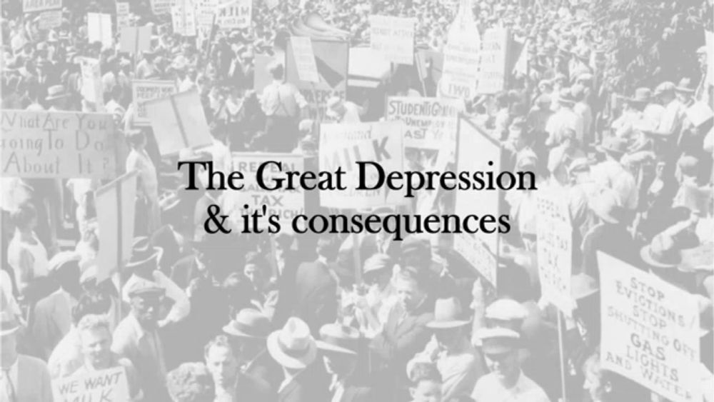 a black and white photo of a protest with the words the great depression and its consequences