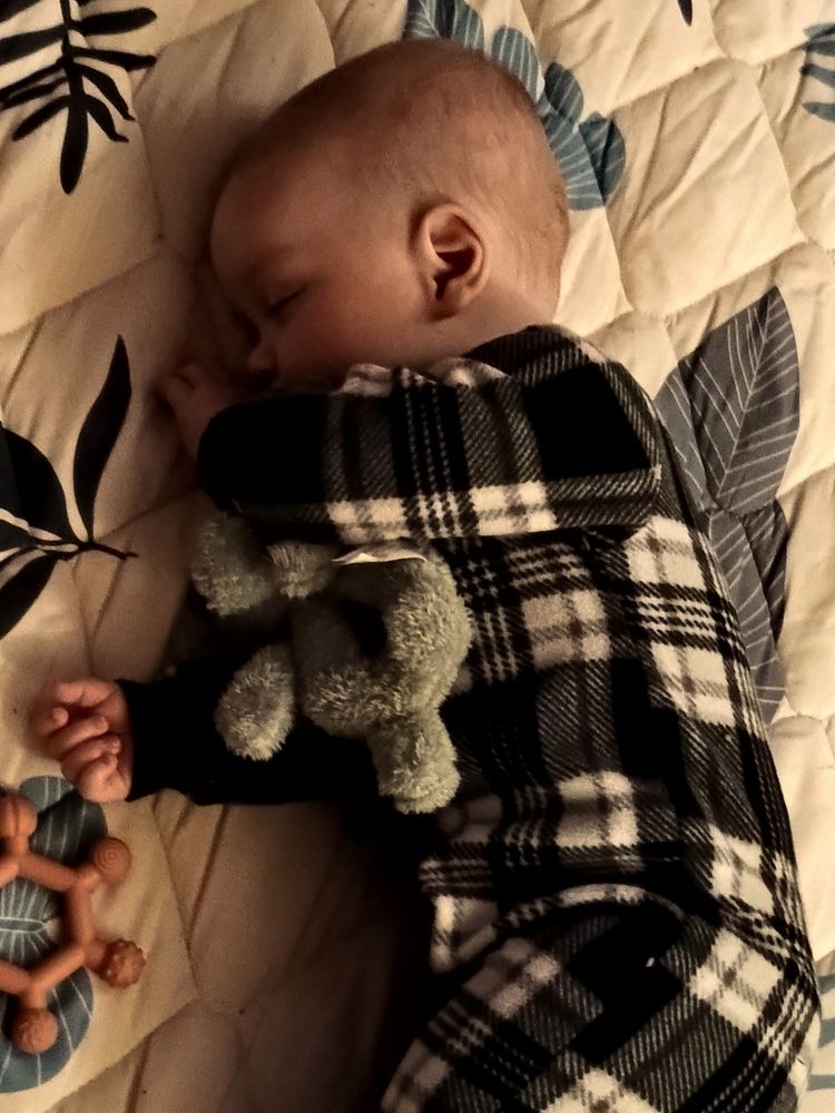 Baby in a black and white plaid sleeper, curled up asleep holding a green stuffed dragon. 