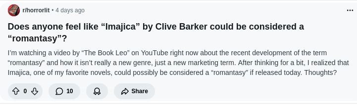 Reddit post asking if Clive Barker's Imagica could be considered romantasy