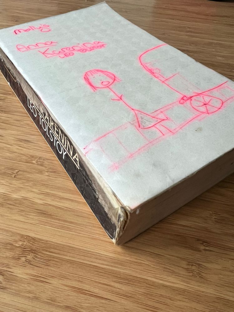 A well-worn copy of Leo Tolstoy’s Anna Karenina with a hand-drawn cover.