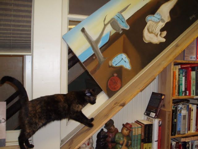 Seattle bookstore cat with front paws on a steeply inclined bookshelf with a Salvador Dalí painting behind it.