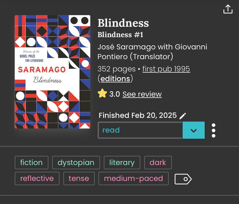 Screenshot from StoryGraph for Blindness by José Saramago. Tags: fiction, dystopian, literary, dark, reflective, tense, medium-paced