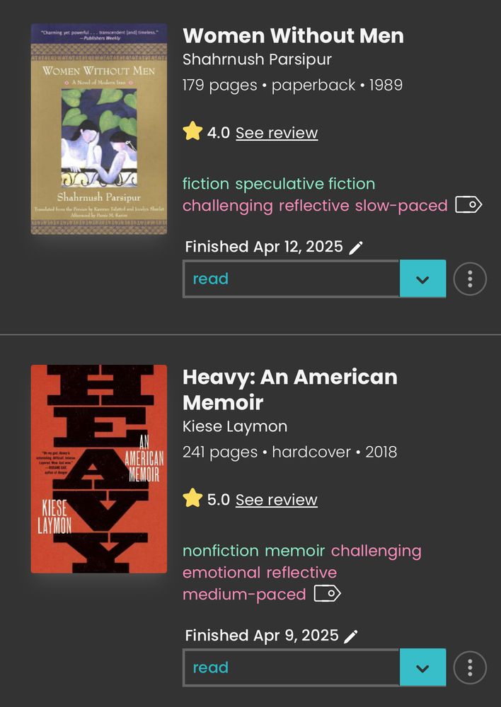 Book covers from StoryGraph of the books Women Without Men by Shahrnush Parsipur and Heavy by Kiese Laymon