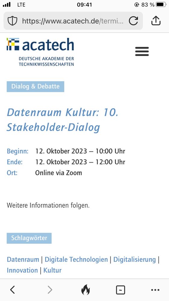 Screenshot der Website acatech zum Stakeholder-Dialog mit der Information, dass „Weitere Informationen folgen.“