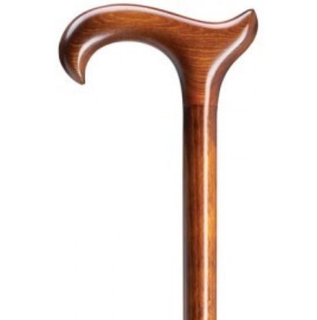 top part of a wooden walking cane, cherry-wood colour.