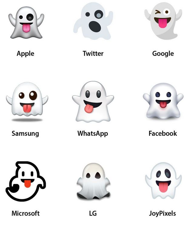 A compilation of all the ghost emojis across nine platforms. They all look terrible.