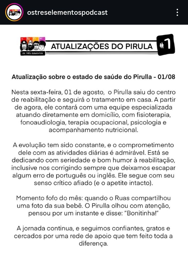 post do instagram dos três elementos falando que o pirulla vai continuar o tratamento em casa, que a evolução tem sido ótima, que ele está sendo muito comprometido, bem humorado e fofo.