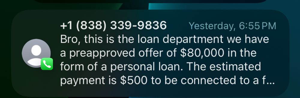A voicemail transcript saying; Bro, this is the loan department.