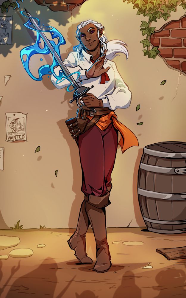 In broad daylight stands Rodrigo Salazar: a half drow with tan skin, purple eyes and white hair. He stands with a rapier out, its blade enveloped in blue magic. He's confidently prepared to cross blades with any of his non-visible foes, their shadows creeping along the ground beneath him. He's dressed in knee high boots and maroon pants topped with an orange sash and swordbelt. He wears a long sleeved white shirt and red neck tie.